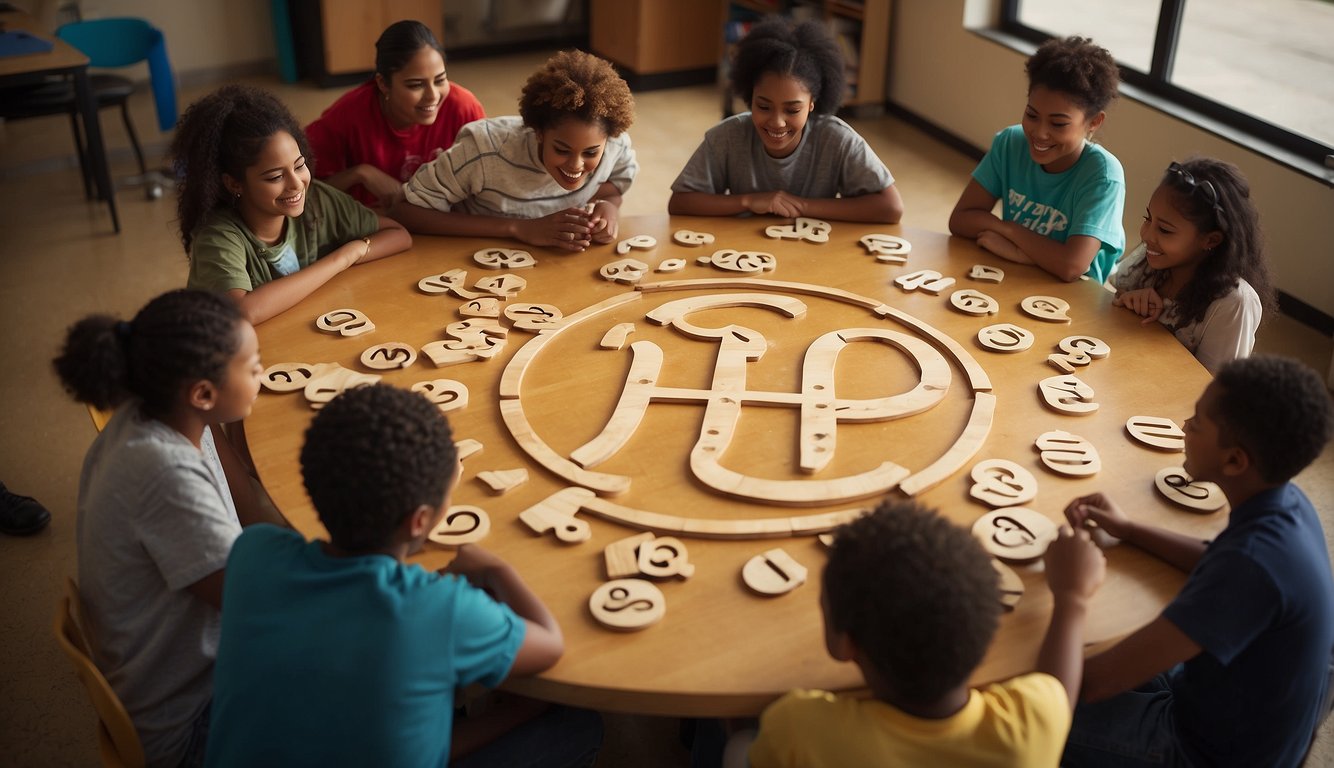 Middle schoolers gather around a large pi symbol, working together on math puzzles and games. Laughter and excitement fill the room as they bond and learn through interactive activities Pi Day Activities for Middle School