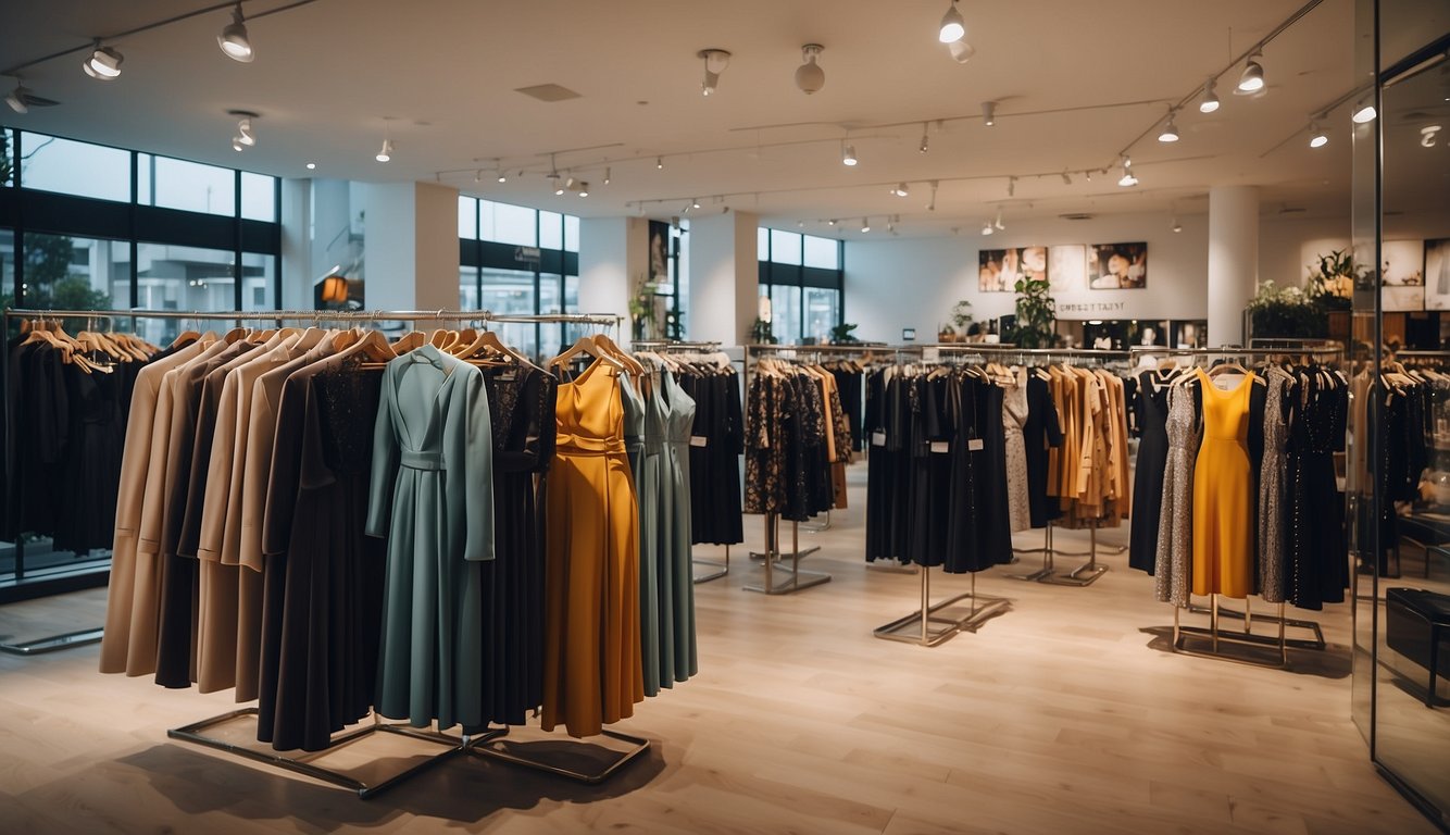 A vibrant clothing store with racks of stylish dresses, suits, and accessories. Bright lights illuminate the trendy displays, creating a lively atmosphere for shoppers Night Out Outfit