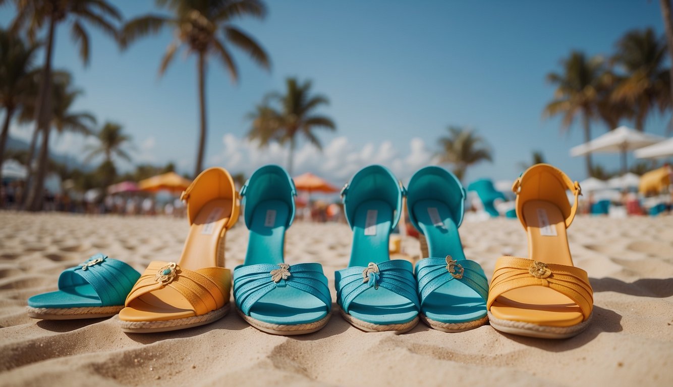 Colorful sandals and espadrilles scattered on a sandy beach, surrounded by beach towels and sun hats. A vibrant backdrop of palm trees and a clear blue sky completes the summer party scene