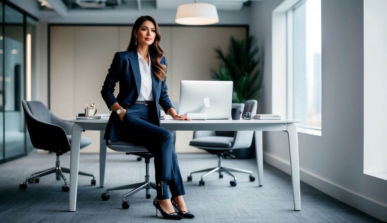 A stylish woman in a modern office setting, wearing a sleek blazer and tailored pants with trendy accessories and fashionable shoes