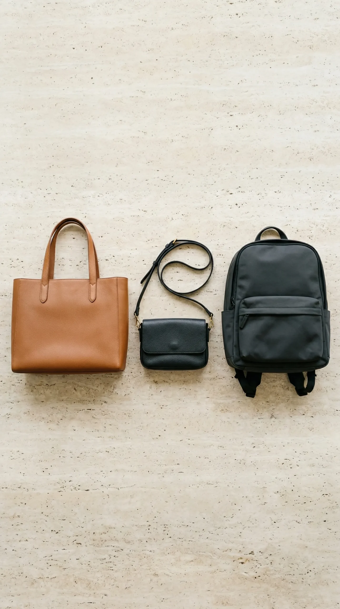 Smart casual bags for women — structured leather tote, crossbody and minimal backpack