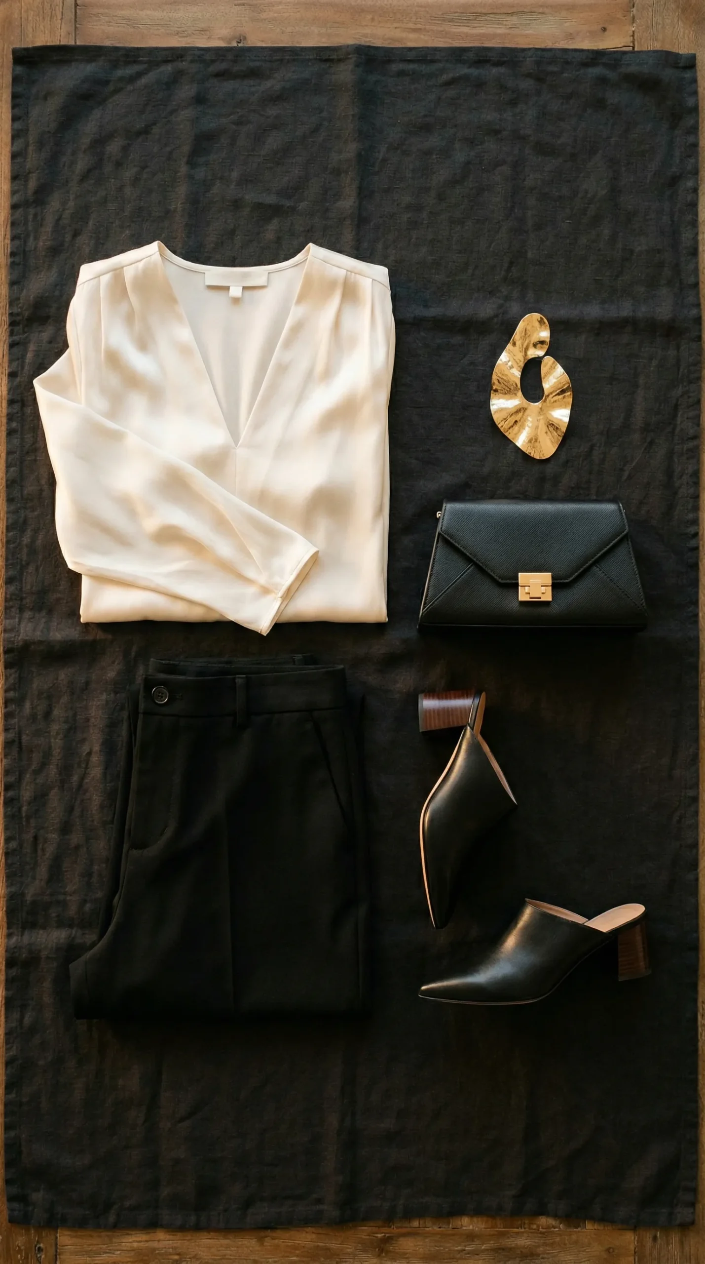 Smart casual dinner outfit for women — silk blouse, tailored trousers, block heel mules and statement earring