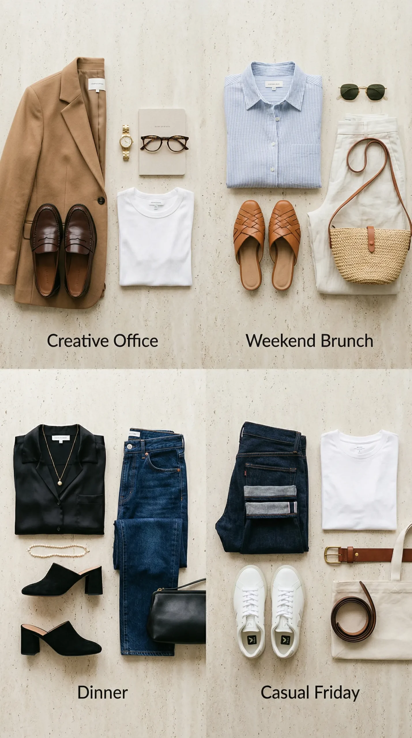 Smart casual outfit ideas for women by occasion — creative office, weekend brunch, dinner and casual Friday