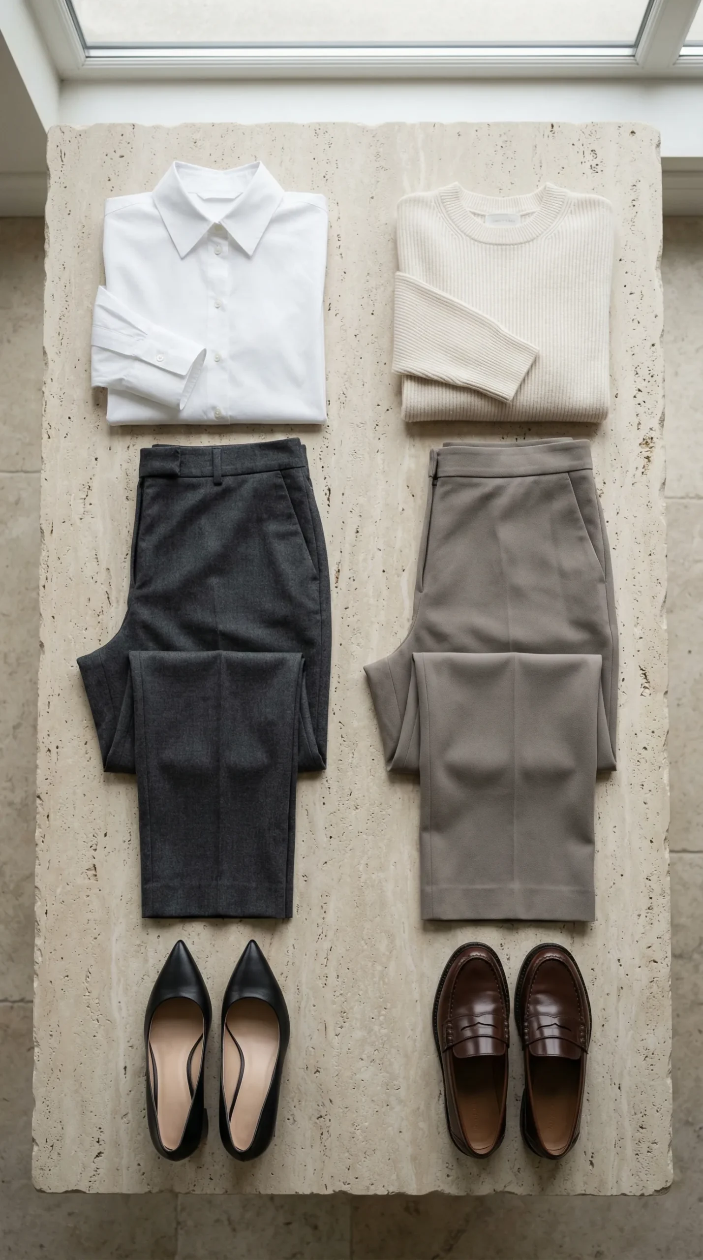 Smart casual vs business casual outfit comparison — tailored trousers styled two ways
