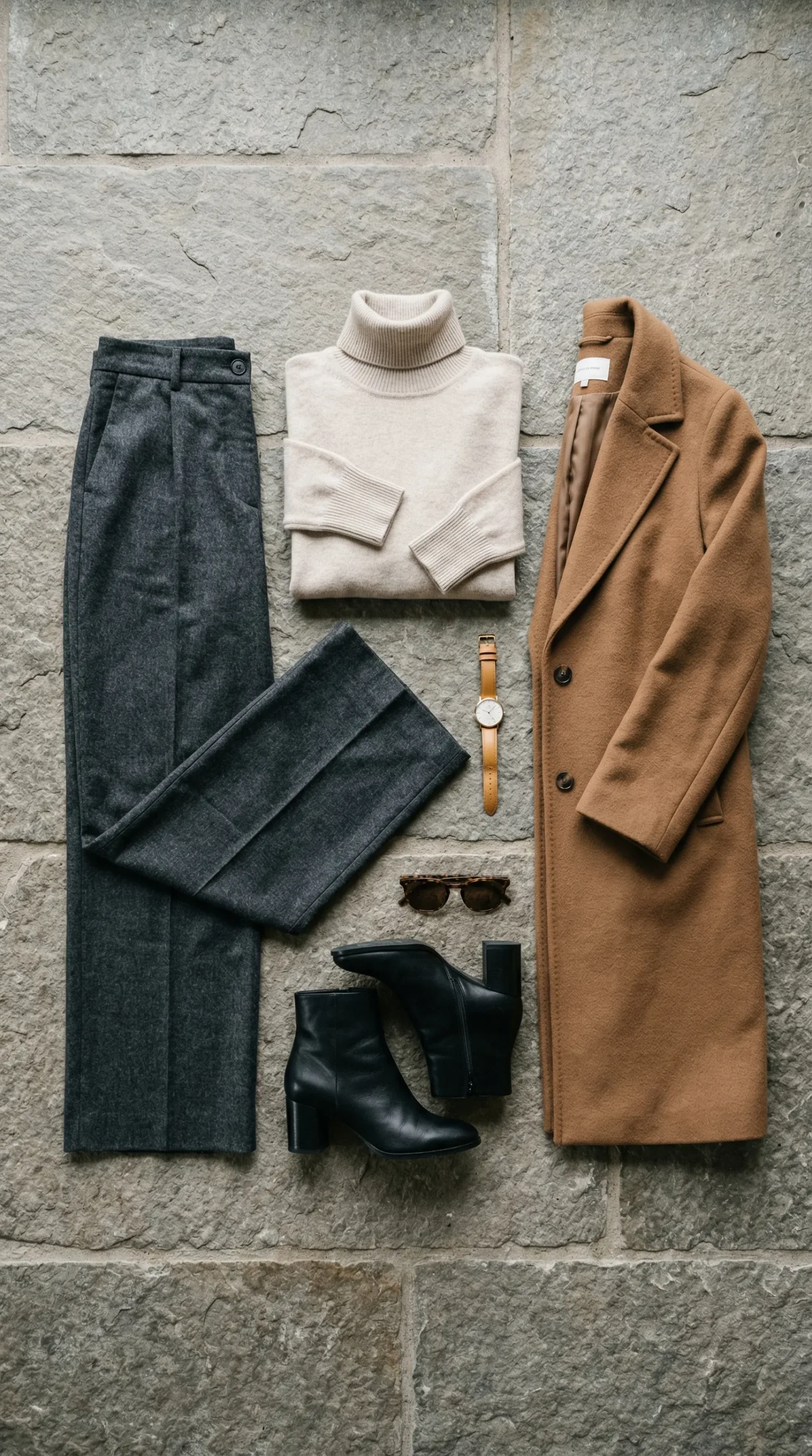 Smart casual winter outfit for women with wool coat, turtleneck and wide-leg trousers